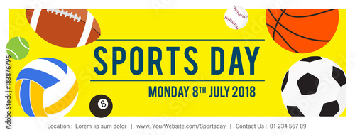 Sports Day Banner vector illustration, Sport equipment on yellow background