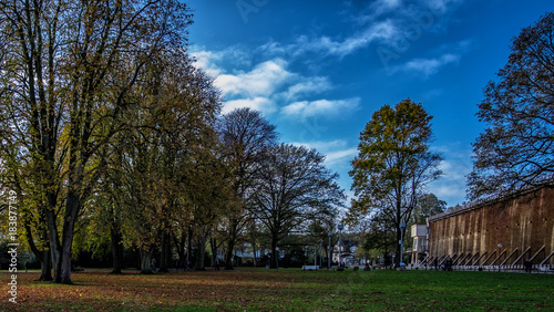 Park and Salinen in Bad Rothenfelde during autumn with sunny weather and blue sky