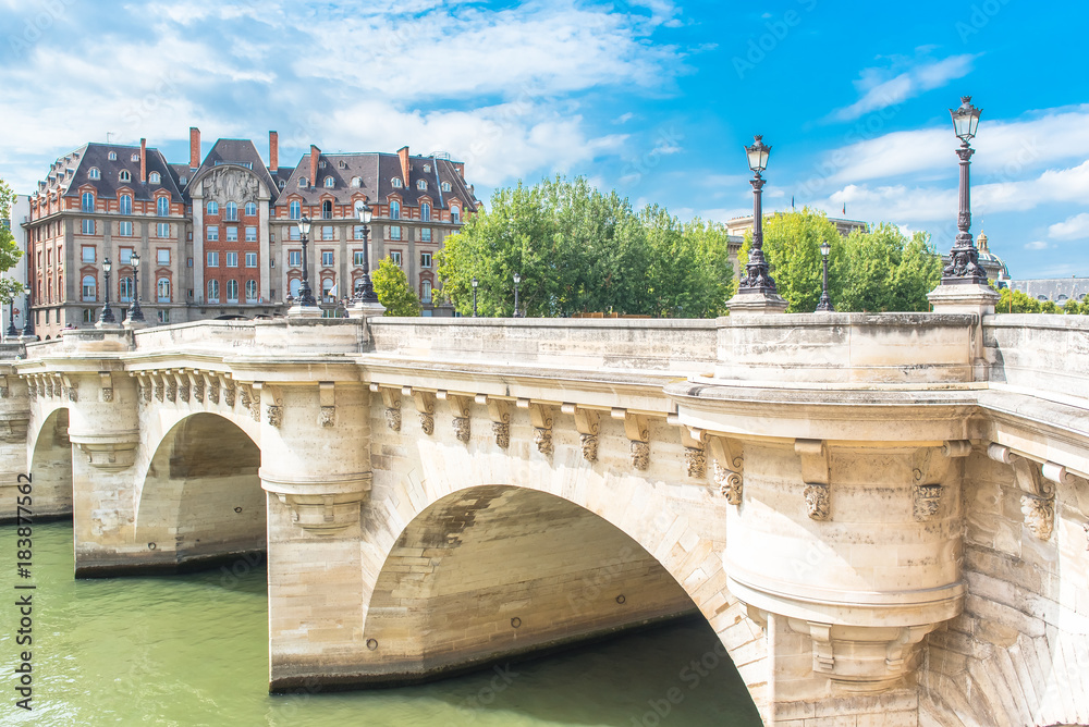 Paris, panorama of the Pont-Neuf, with typical buildings in background quai de Conti
