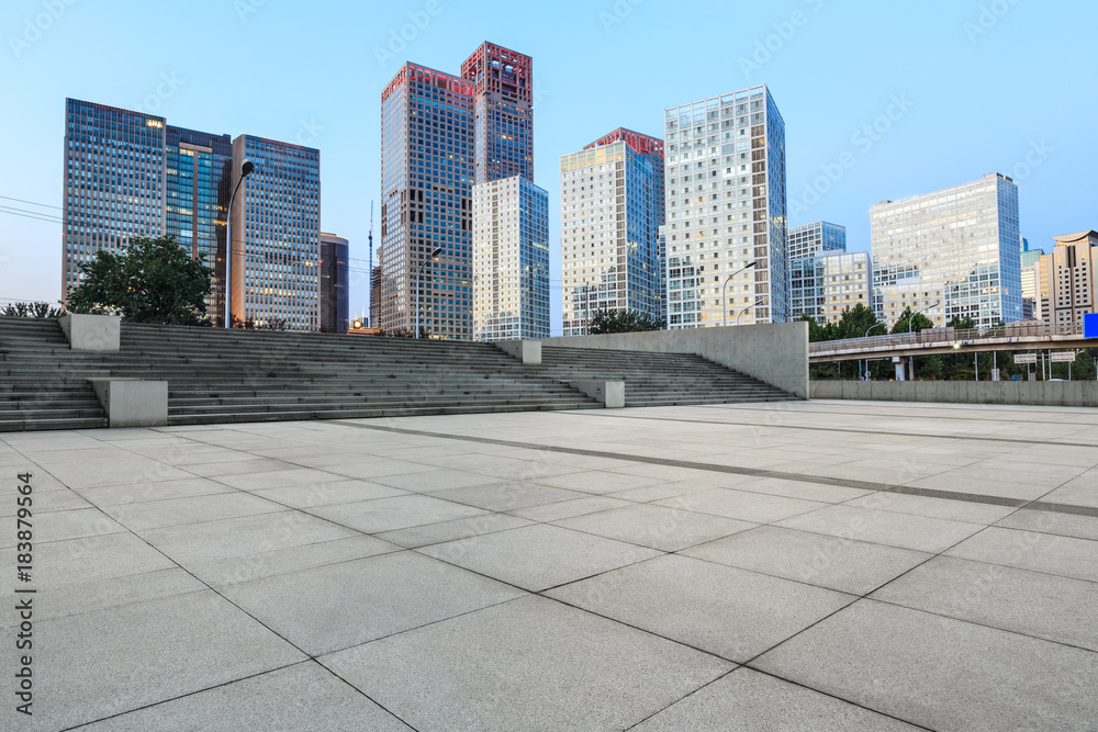 Empty city square road and modern business district office buildings in Beijing,China