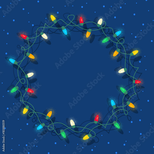 Circle frame of glowing coloful Christmas lights on blue background. Gradient free vector illustration for greeting cards, banners, design templates.