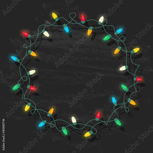 Circle frame of glowing colorful Christmas lights on chalkboard background. Gradient free vector illustration for greeting cards, banners, design templates.
