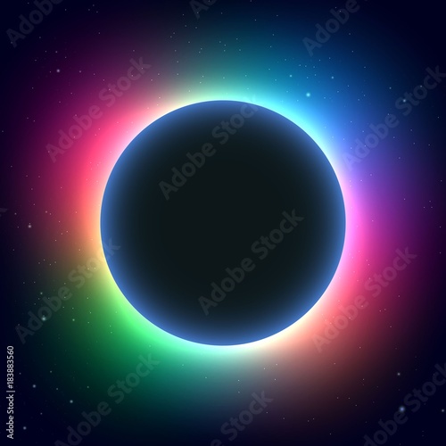 Night cosmic background with glowing stars around big dark planet