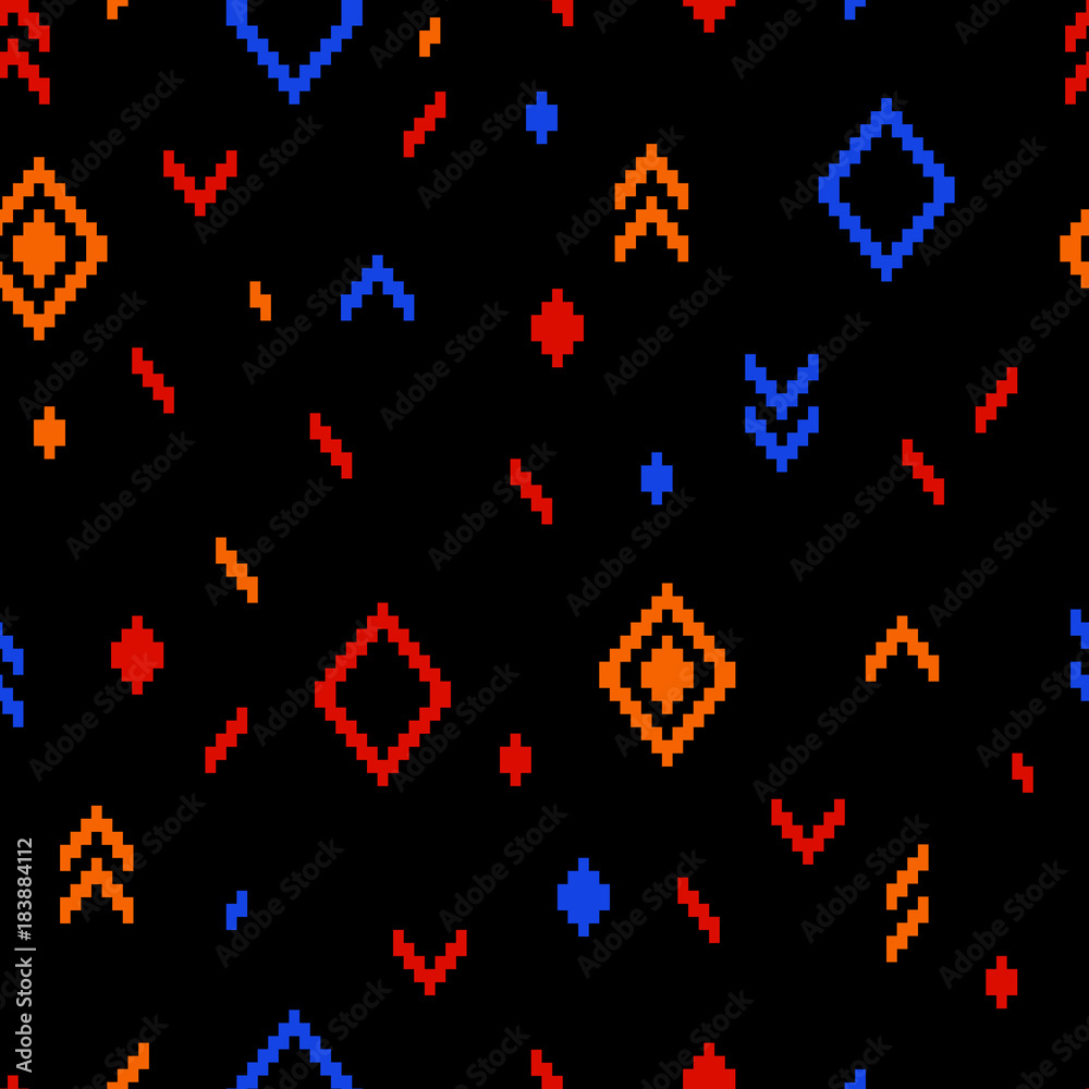 Colorful ethnic abstract geometric pattern on black, vector