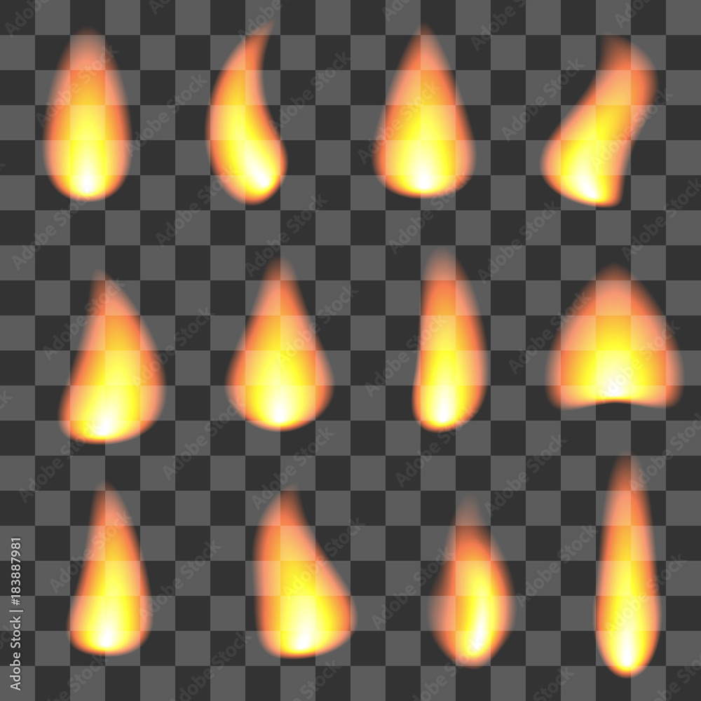 Realistic fire flames set isolated on transparent background vector ...