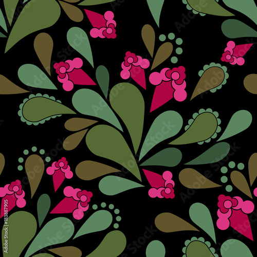 Seamless floral abstract folk pattern on black