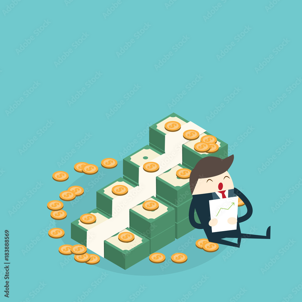 Happy young business man sit near Big pile of cash money and some gold coins. Heap of packed dollar bills. Flat style modern vector illustration