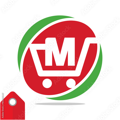 Logo icon for shopping business, illustrated in circle logo with the visual concept of shopping cart and the initials name, letter M
