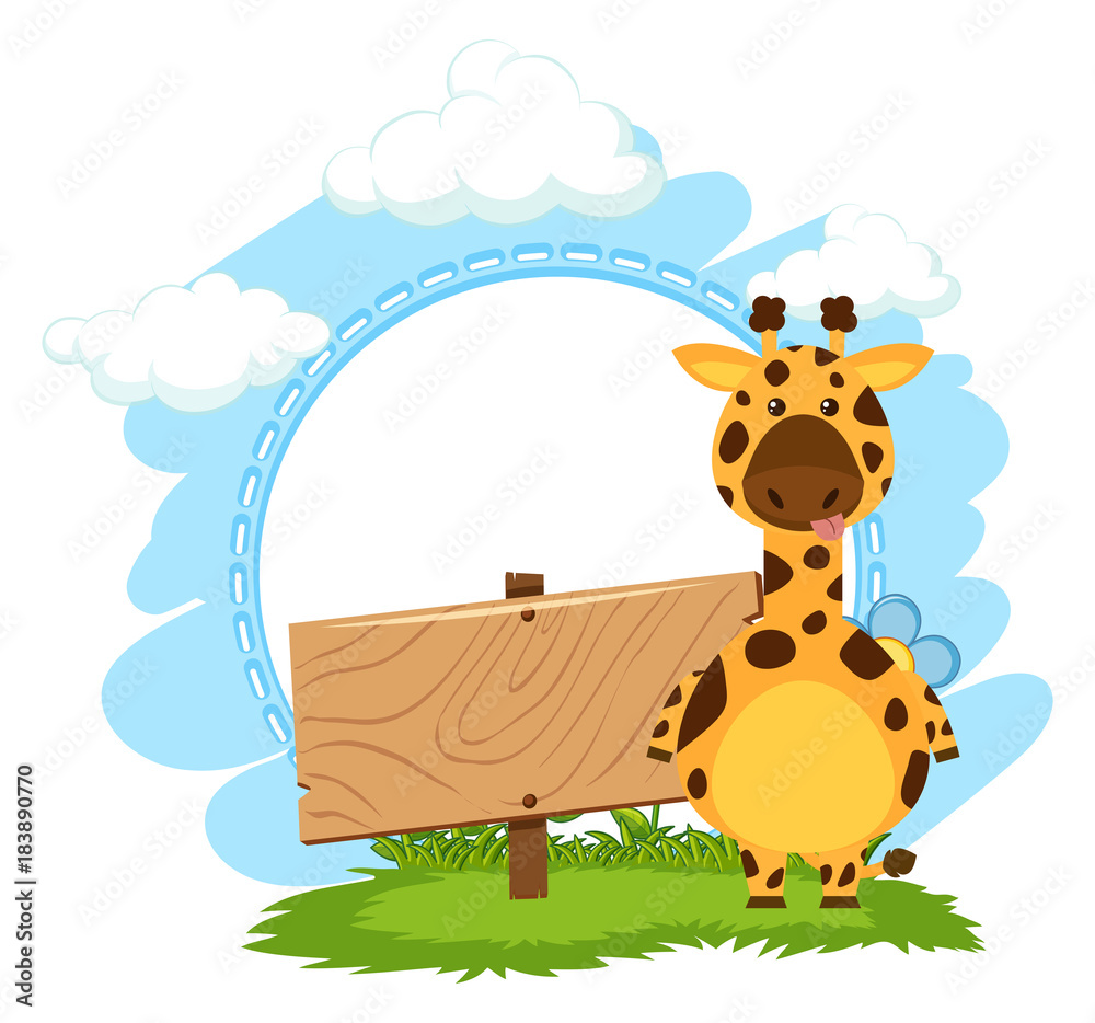 Giraffe standing next to blank wooden sign Giraffe standing next to blank wooden sign