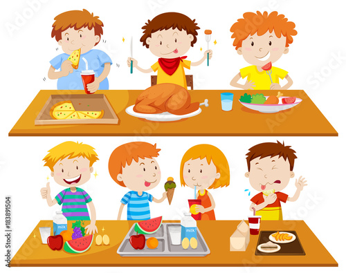 People eating different types of food