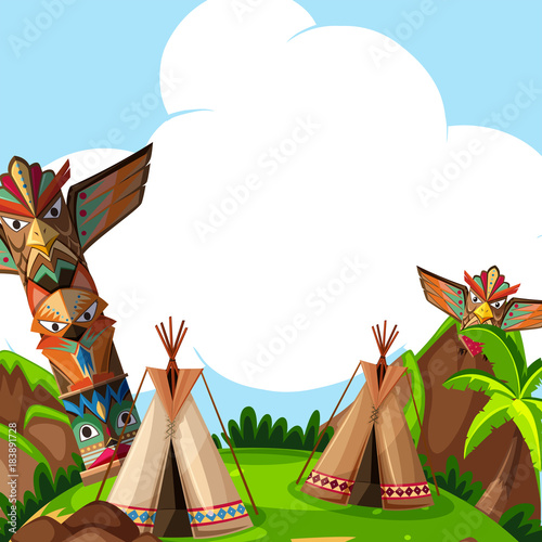 Background scene with traditional tents and totem poles