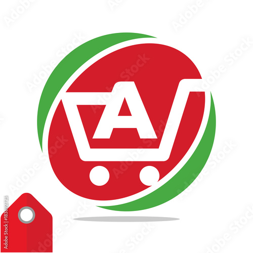 Logo icon for shopping business, illustrated in circle logo with the visual concept of shopping cart and the initials name, letter A