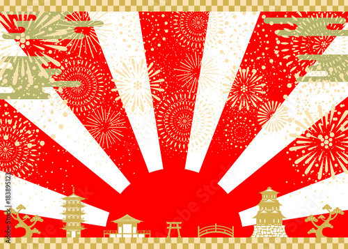 新年　城　花火　日の出　背景