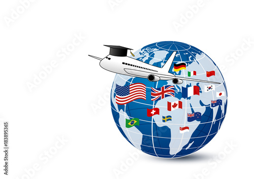 Study abroad concept design of airplane and world education with national flag on white background vector illustration