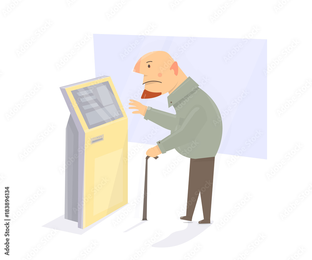 Old man with stick. Take a ticket for the electronic queue. Payment through the terminal. Old man with stick. Take a ticket for the electronic queue. Payment through the terminal.