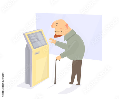Old man with stick. Take a ticket for the electronic queue. Payment through the terminal.