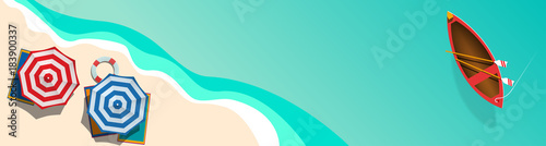 banner Summer concept, vector background. Beach and sea with umbrella and boat,  view from above