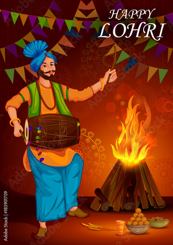 Happy Lohri Punjabi religious holiday background for harvesting festival of India