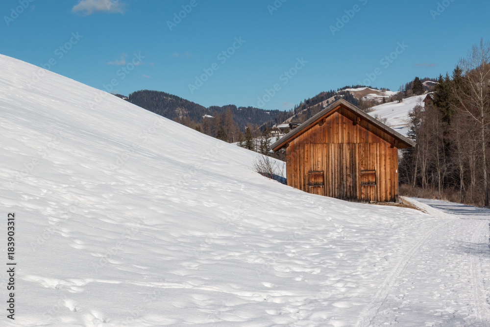 Small Wooden Shack Among Trees in Winter day with Fresh Snow in the Mountains, Winter Landscape