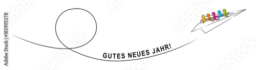 Eine Gruppe Strichmännchen im Papierflieger mit Kondensstreifen „GUTES NEUES JAHR!“ / 
Zeichnung, farbig, Vektor, freigestellt

