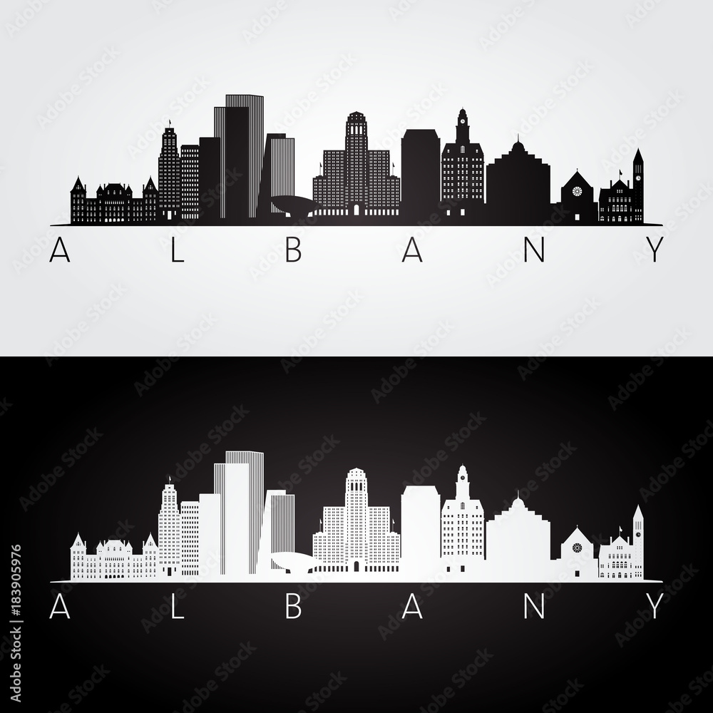Albany usa skyline and landmarks silhouette, black and white design, vector illustration.