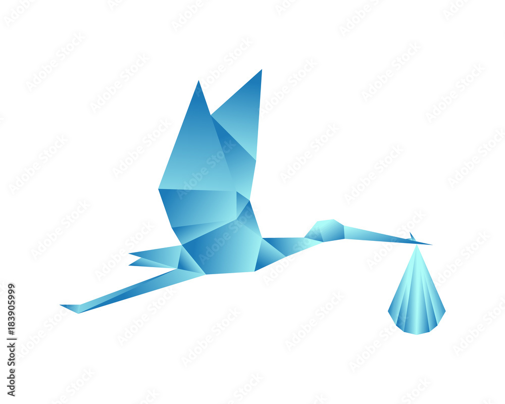 Fototapeta premium 3D Animal Flying Stork with Carrying Baby Pocket Modern Logo Symbol
