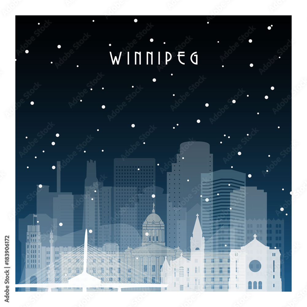 Winter night in Winnipeg. Night city in flat style for banner, poster, illustration, background.