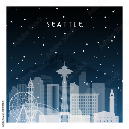 Winter night in Seattle. Night city in flat style for banner, poster, illustration, background.