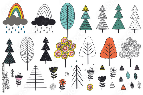 set of isolated tree and elements in Scandinavian style  - vector illustration, eps