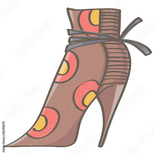 Stylish female brown stiletto boot with colorful decorations, isolated vector drawing on white background