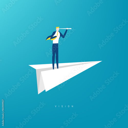 Businessman with monocular on a paper boat as a symbol of business leadership. concept of vision, mission or ambitions.