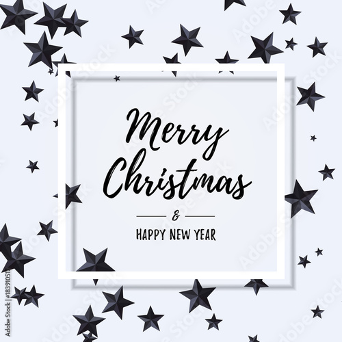 Merry Christmas and Happy New Year typography inside white frame over flat lay with black stars. Vector illustration usable for banners, greeting cards, gifts and backgrounds.