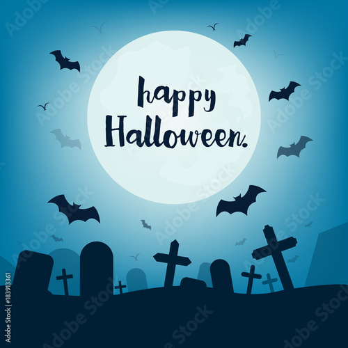 Halloween pumpkins and dark castle on blue Moon background, illustration.
