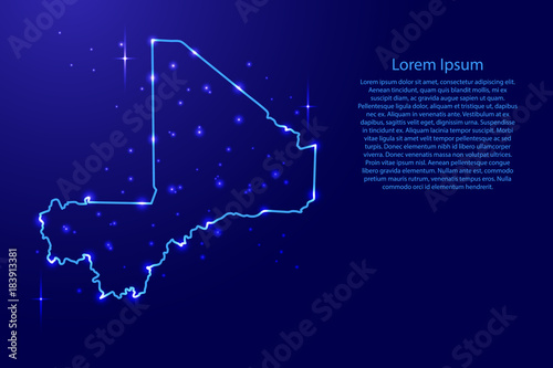 Map Mali from the contours network blue, luminous space stars for banner, poster, greeting card, of vector illustration