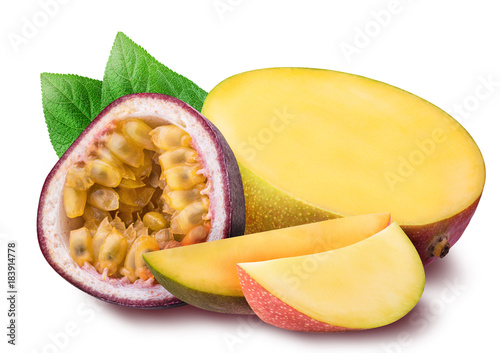 Mango and passion fruit isolated on white background