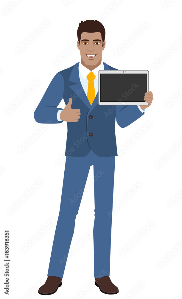 Businessman showing blank digital tablet PC and showing thumb Businessman showing blank digital tablet PC and showing thumb