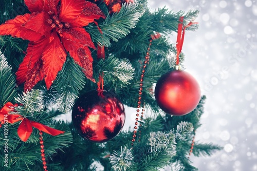 Christmas background, fir-tree with decorarion for text photo