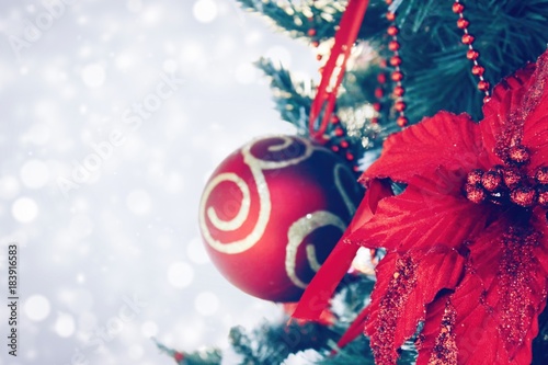 Christmas background, fir-tree with decorarion for text photo
