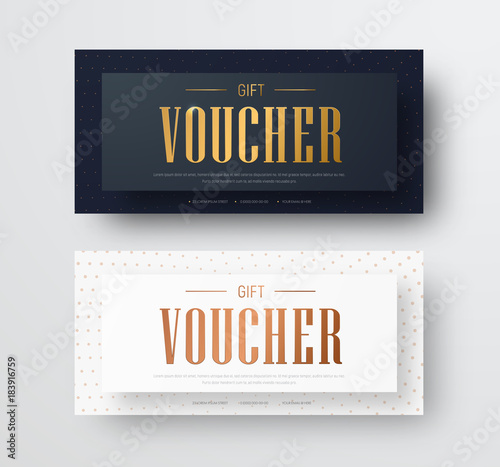 Design of a vector gift voucher with golden text and floating effect.