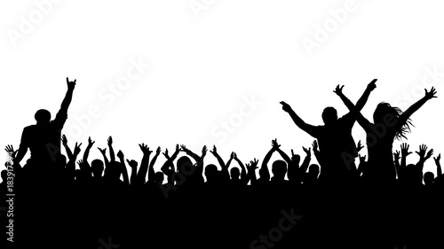 Cheerful crowd silhouette. Party people, applaud. Fans dance concert, disco.
