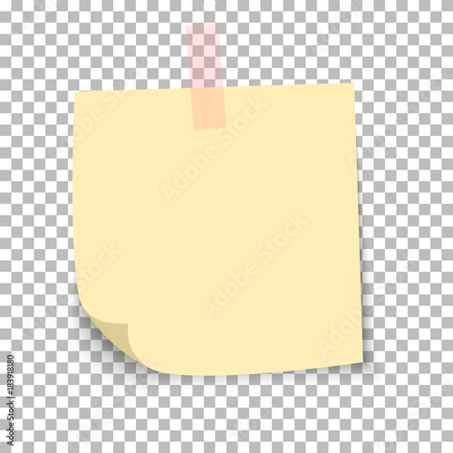 Yellow sheet of note paper with adhesive tape on a transparent background. Vector illustration