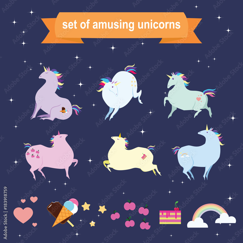 Set of amusing unicorns. Vector illustration