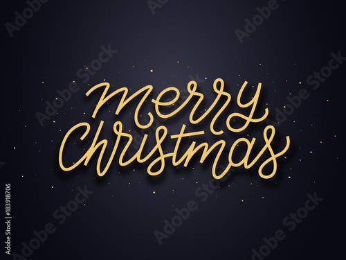 Merry Christmas wishes typography text and gold confetti on luxury black background. Premium vector illustration with letteting for winter holidays