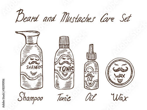 Beard and mustaches care set, shampoo, tonic, oil and wax with inscription, hand drawn doodle sketch, isolated vector illustration
