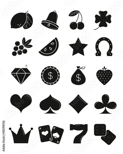 Casino black sihlouettes icons set. Vector slot-machine symbols photo