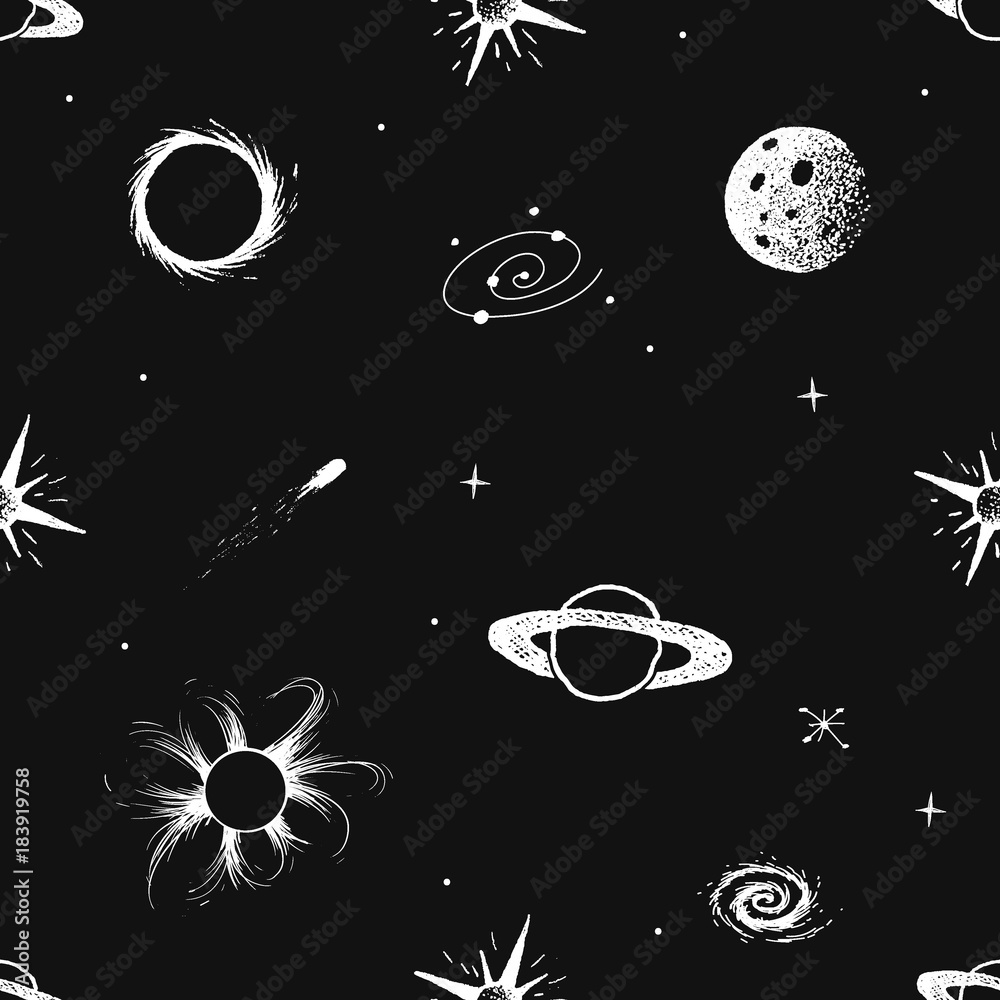 Naklejka premium Vector seamless pattern with space objects. Hand drawn style.Prints design