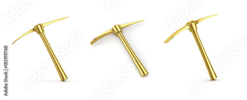 Golden pickaxe on white background. 3D illustration photo