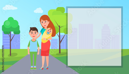 Mother and Her Kids on Road Vector Illustration