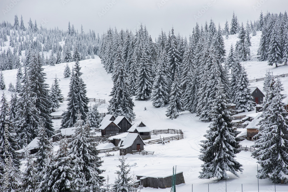 Obraz premium Small winter village in the mountains