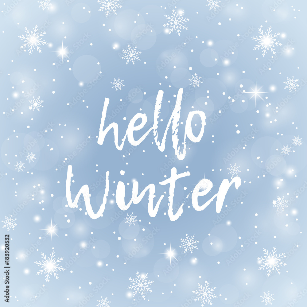 Hello Winter text. Snow background with text. Lettering. Brush calligraphy. Vector illustration flat design. With winter holidays.